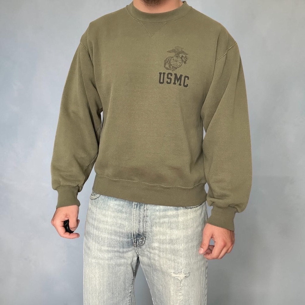 Vintage USMC Crewneck Sweatshirt Olive Green Military Pullover Size Large